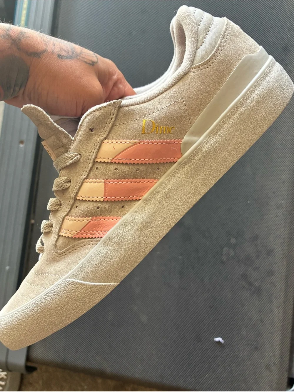 Dime x Beige Suede Skate Sneaker with Pink Stripe